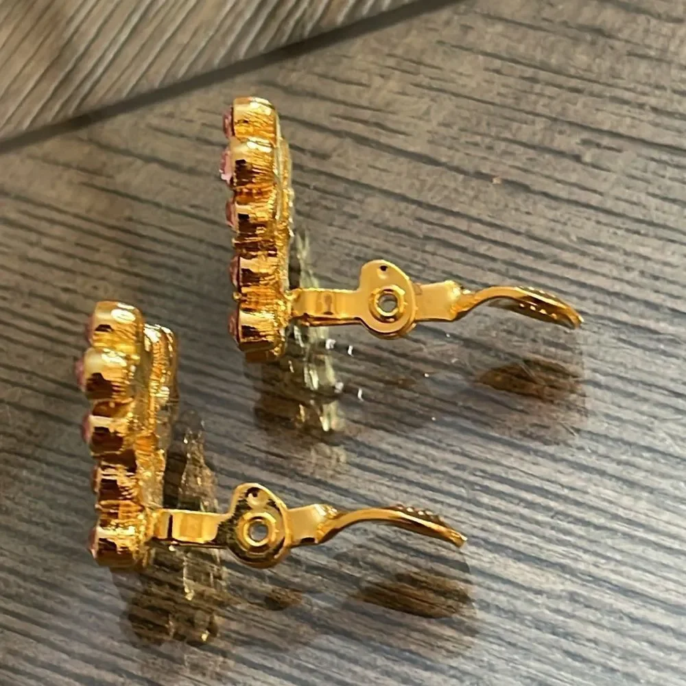 Vintage Monet Pink Cluster Rhinestone Clip Earring - Gold-tone